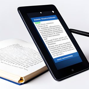 a tablet showing a text, backed up by an open book, on a neutral, white background