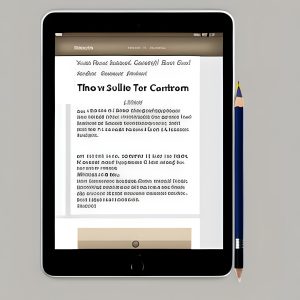 image of tablet showing an ebook with a pen on the right side, on a neutral, grey background